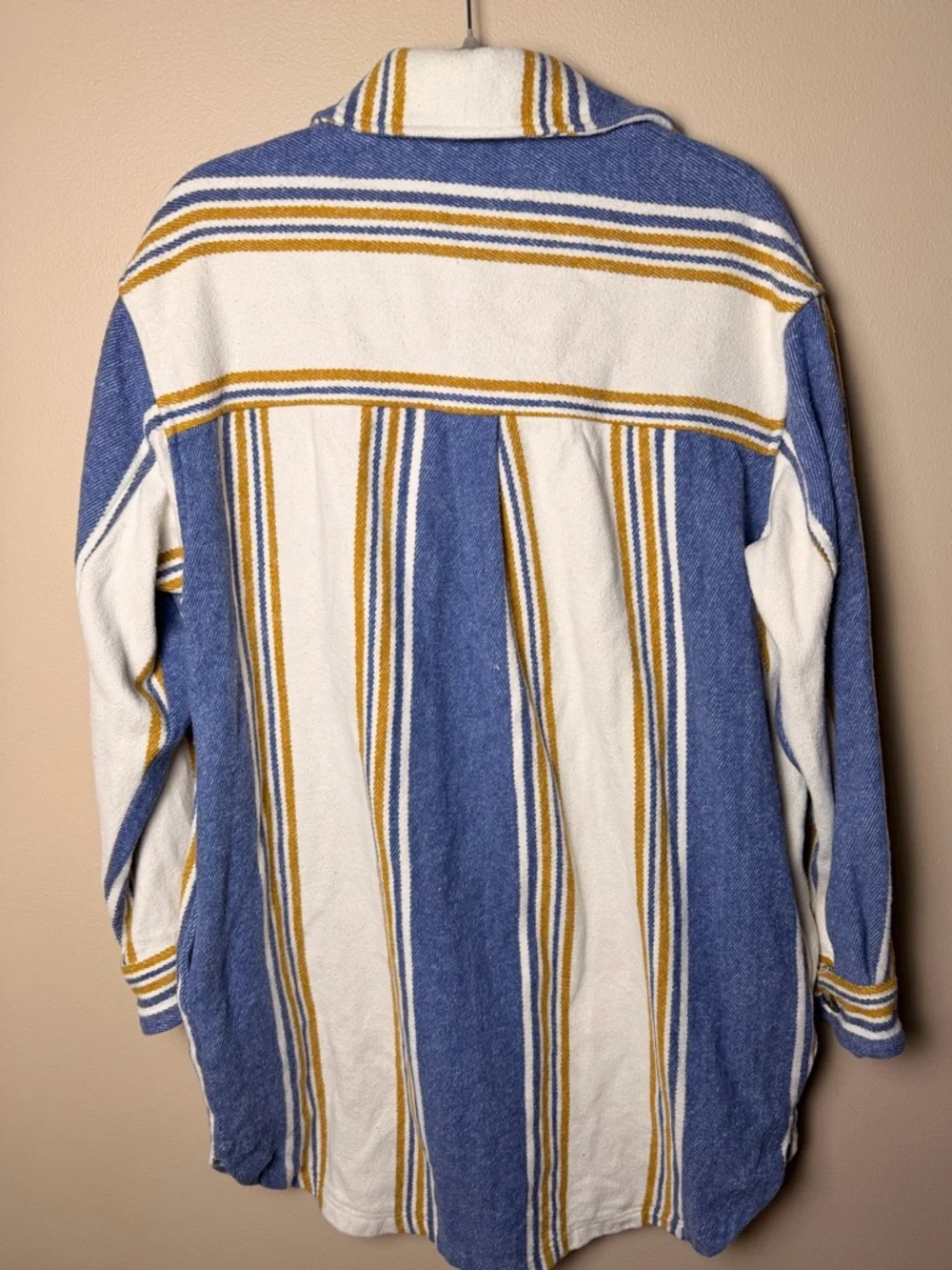 Aerie Oversized Flannel Shacket Jacket Cream Blue Stripe Cotton Size M - Picture 7 of 13